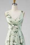 A-Line Sage Green Satin V-Neck Floral Long Bridesmaid Dress with Slit