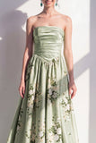 A-Line Satin Sage Green Floral Strapless Ruched Long Bridesmaid Dress
