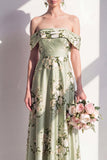 Off the Shoulder A-Line Satin Sage Green Floral Long Bridesmaid Dress