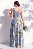 One Shoulder Blue Floral A Line Bridesmaid Dress with Slit