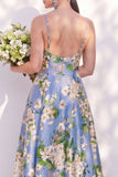 Blue Floral Spaghetti Straps A Line Bridesmaid Dress