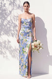 Strapless Blue Floral Ruched Sheath Bridesmaid Dress with Slit