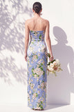 Strapless Blue Floral Ruched Sheath Bridesmaid Dress with Slit
