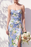 Strapless Blue Floral Ruched Sheath Bridesmaid Dress with Slit