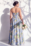 Strapless Blue Floral A Line Bridesmaid Dress