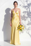 Yellow Spaghetti Straps Sheath Satin Bridesmaid Dress