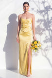 Strapless Yellow Satin Sheath Bridesmaid Dress with Slit