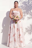 Strapless Ivory Red Floral A Line Bridesmaid Dress