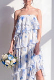 Strapless Tiered Green Floral A Line Bridesmaid Dress