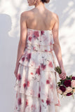 Strapless Tiered Green Floral A Line Bridesmaid Dress