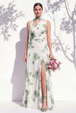 One Shoulder Green Floral A Line Bridesmaid Dress with Slit