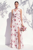 One Shoulder Green Floral A Line Bridesmaid Dress with Slit