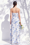 Strapless Blue Floral A Line Bridesmaid Dress with Slit