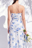 Strapless Blue Floral A Line Bridesmaid Dress with Slit