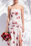 Strapless Blue Floral A Line Bridesmaid Dress with Slit