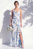 Blue Floral Ruffled A Line Cowl Neck Bridesmaid Dress