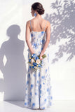 Blue Floral Ruffled A Line Cowl Neck Bridesmaid Dress