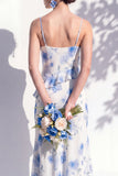 Blue Floral Ruffled A Line Cowl Neck Bridesmaid Dress