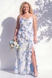 Blue Floral Ruffled A Line Cowl Neck Bridesmaid Dress