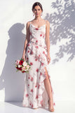 Blue Floral Ruffled A Line Cowl Neck Bridesmaid Dress