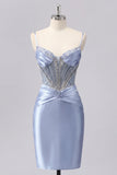 Grey Blue Satin Bodycon Sheer Corset Short Prom Dress with Beading