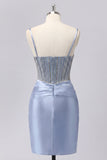 Grey Blue Satin Bodycon Sheer Corset Short Prom Dress with Beading