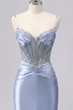 Grey Blue Satin Bodycon Sheer Corset Short Prom Dress with Beading