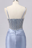Grey Blue Satin Bodycon Sheer Corset Short Prom Dress with Beading