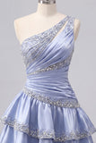 Grey Blue Satin A-Line One Shoulder Ruched Homecoming Dress with Beading