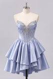 Satin A-Line Grey Blue Sweetheart Corset Ruched Cute Short Prom Dress with Beading