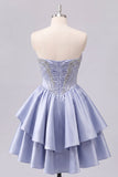 Satin A-Line Grey Blue Sweetheart Corset Ruched Cute Short Prom Dress with Beading