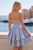 Satin A-Line Grey Blue Sweetheart Corset Ruched Cute Short Prom Dress with Beading