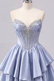 Satin A-Line Grey Blue Sweetheart Corset Ruched Cute Short Prom Dress with Beading