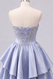 Satin A-Line Grey Blue Sweetheart Corset Ruched Cute Short Prom Dress with Beading