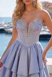 Satin A-Line Grey Blue Sweetheart Corset Ruched Cute Short Prom Dress with Beading