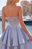 Satin A-Line Grey Blue Sweetheart Corset Ruched Cute Short Prom Dress with Beading