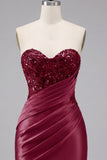 Satin Burgundy Sweetheart Ruched Bodycon Mini Cocktail Dress with Sequins