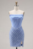 Satin Strapless Blue Corset Bodycon Beaded Short Prom Dress with Slit