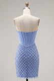 Satin Strapless Blue Corset Bodycon Beaded Short Prom Dress with Slit