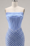 Satin Strapless Blue Corset Bodycon Beaded Short Prom Dress with Slit
