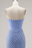 Satin Strapless Blue Corset Bodycon Beaded Short Prom Dress with Slit