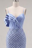 Satin Blue Corset Bodycon Ruched Beaded Short Prom Dress with Slit