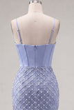 Satin Blue Corset Bodycon Ruched Beaded Short Prom Dress with Slit