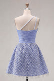Blue One Shoulder Satin A-Line Ruched Beaded Short Prom Dress with Slit