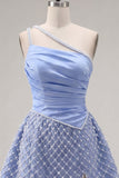 Blue One Shoulder Satin A-Line Ruched Beaded Short Prom Dress with Slit