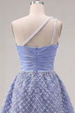 Blue One Shoulder Satin A-Line Ruched Beaded Short Prom Dress with Slit