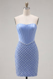 Blue Strapless Satin Bodycon Corset Beaded Short Prom Dress