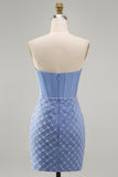 Blue Strapless Satin Bodycon Corset Beaded Short Prom Dress