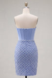 Blue Strapless Satin Bodycon Corset Beaded Short Prom Dress