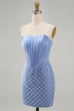 Blue Strapless Satin Bodycon Corset Beaded Short Prom Dress